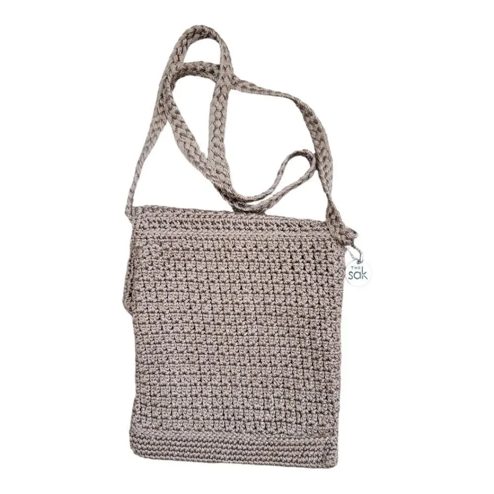 The Sak Taupe Macrame Mini Crossbody Purse W/ Flap & Zipper